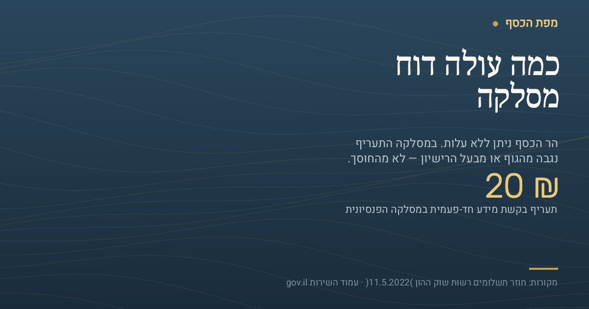 כרטיס בצבעי מפת הכסף עם הכיתוב "כמה עולה דוח מסלקה" והמספר הבולט 20 ₪, שהוא תעריף בקשת מידע חד-פעמית במסלקה הפנסיונית לפי חוזר רשות שוק ההון. מתחת מצוין ששירות הר הכסף ניתן ללא עלות, ושהתעריף במסלקה נגבה מהגוף המוסדי או מבעל הרישיון ולא מהחוסך.